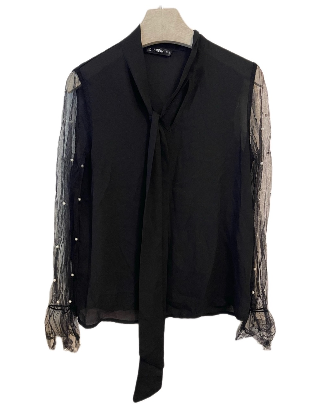 Shein Blouse Top Shirt Small Front Ties Sheer Sleeves Faux Pearl Officecore